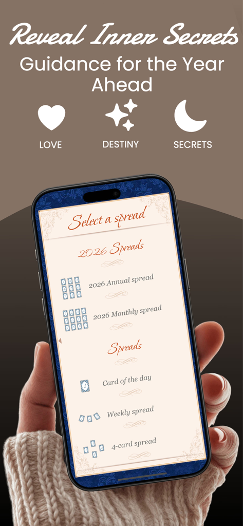 Tarot Universe - Card Reading - A hand holding a phone showing the Tarot Universe app interface for selecting card spreads like annual and daily readings