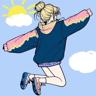 realistic girl jumping with a bun and oversized sweatshirt