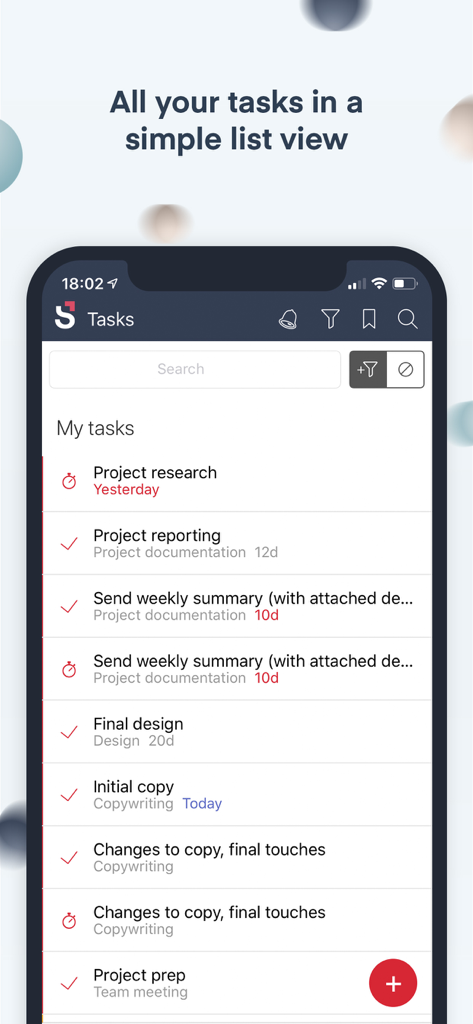 Scoro - App mobile Scoro che mostra un semplice elenco di task di lavoro