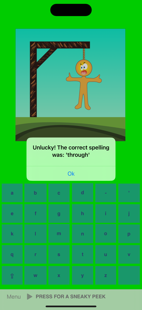 Spelling Hangman - Game over screen in Spelling Hangman app showing an incorrect answer message with the correct spelling for the word through