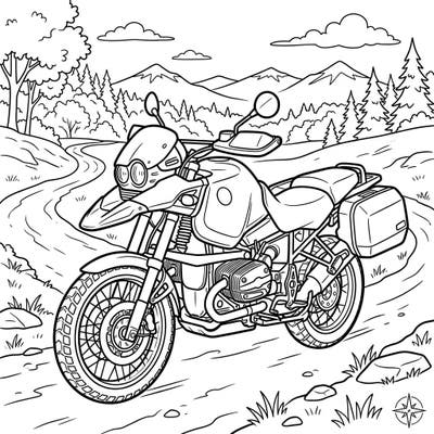 Get ready for an exciting journey with this printable adventure motorcycle coloring page, designed especially for young explorers. Kids aged 4-8 will love adding their favorite colors to this robust bike and its scenic outdoor setting.