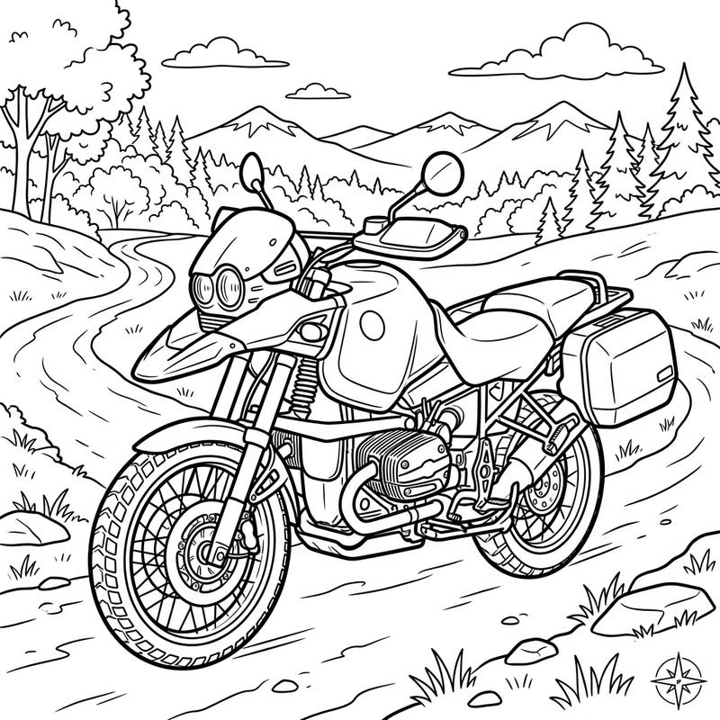 Get ready for an exciting journey with this printable adventure motorcycle coloring page, designed especially for young explorers. Kids aged 4-8 will love adding their favorite colors to this robust bike and its scenic outdoor setting.