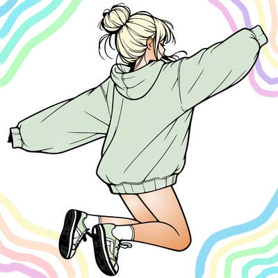 realistic girl jumping with a bun and oversized sweatshirt