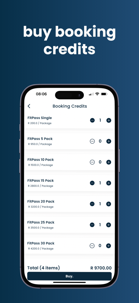 Itensity - Pantalla móvil que muestra cómo comprar créditos de reserva de clases de fitness y paquetes FitPass en la aplicación Itensity.