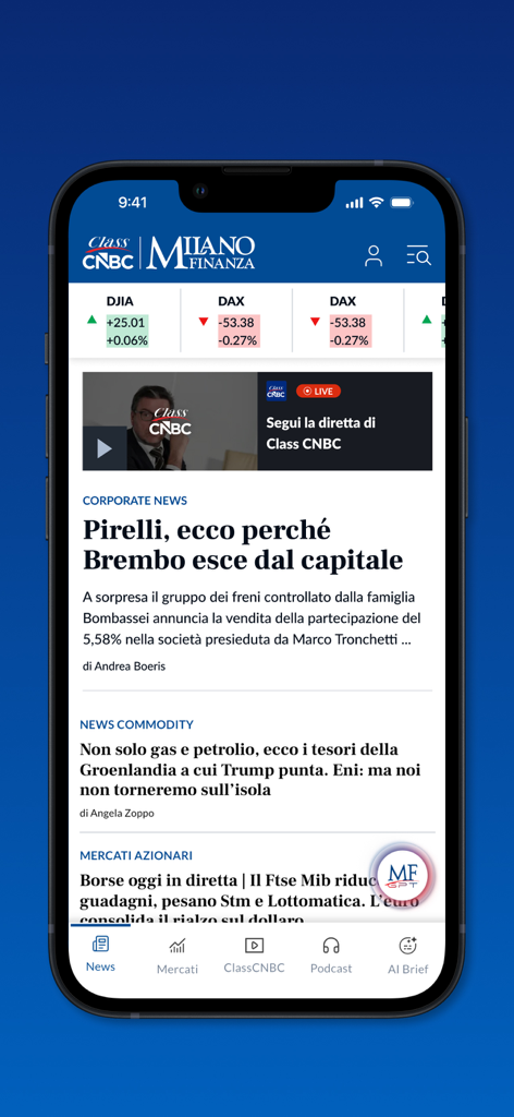Milano Finanza - Class CNBC - Milano Finanza and Class CNBC app home screen showing Italian financial news and stock market data