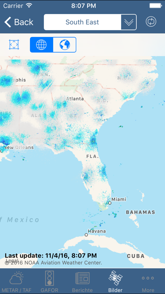 Aviation weather - Aviation weather app showing a radar map of the Southeastern United States for pilot briefings