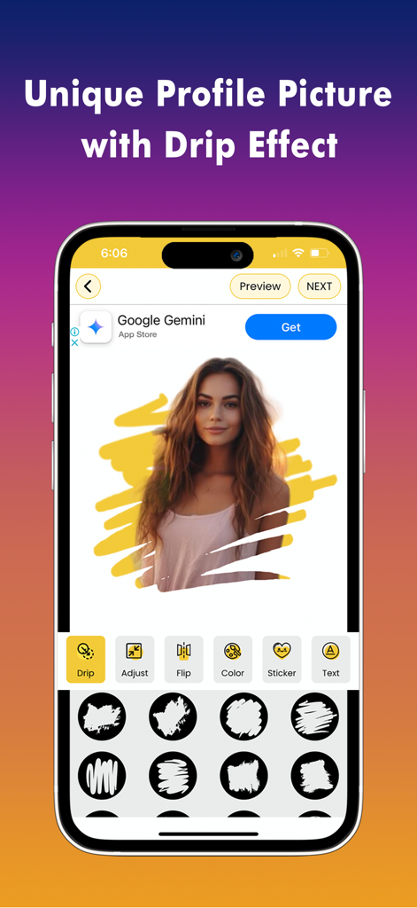 Social Profile Maker - Pantalla de smartphone mostrando la interfaz de la aplicación Social Profile Maker aplicando un efecto de arte de goteo amarillo a la foto de perfil de una mujer.