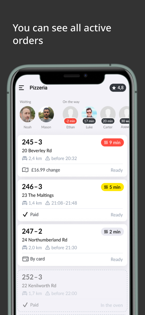 Додо Курьер - Dodo Courier app interface displaying a list of active delivery orders with addresses distances and delivery times