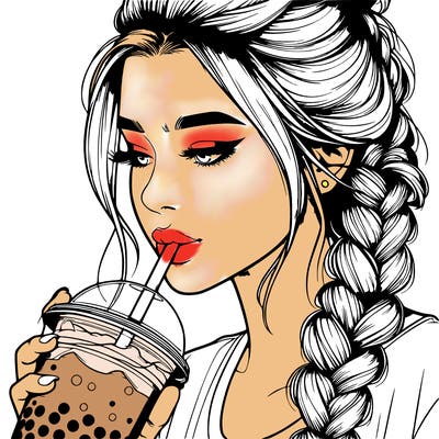realistic girl drinking boba tea with braided hair