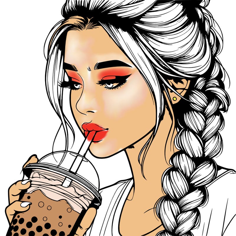 realistic girl drinking boba tea with braided hair