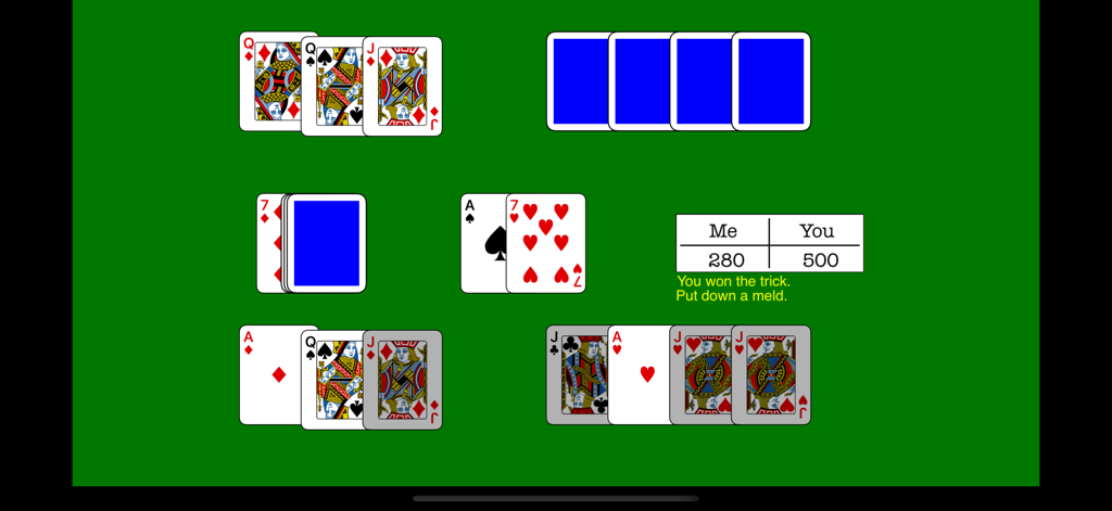 Bezique - Una sesión digital de juego de cartas Bezique sobre un fondo verde que muestra cartas y puntuaciones de los jugadores