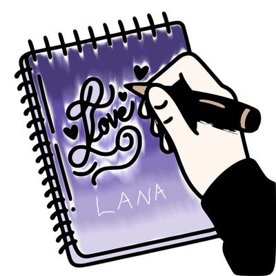 a hand writing “love” in calligraphy on a notebook