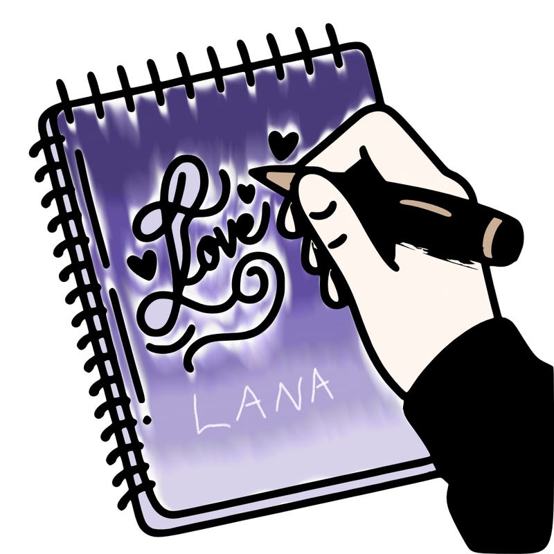 a hand writing “love” in calligraphy on a notebook