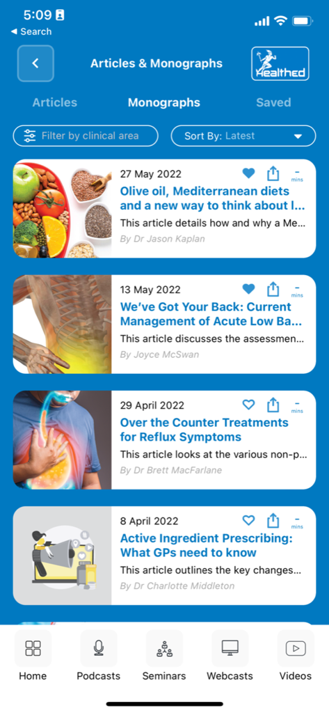 Healthed - Healthed app interface showing a list of medical monographs and clinical articles for GPs