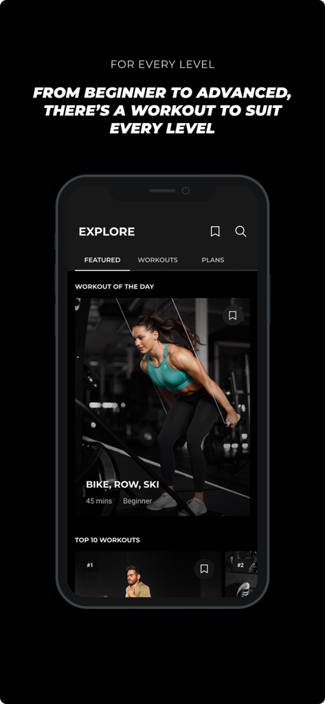 Gymshark Training and Fitness - Interface der Gymshark Fitness-App zeigt Workouts für jedes Fitnesslevel von Anfänger bis Fortgeschritten