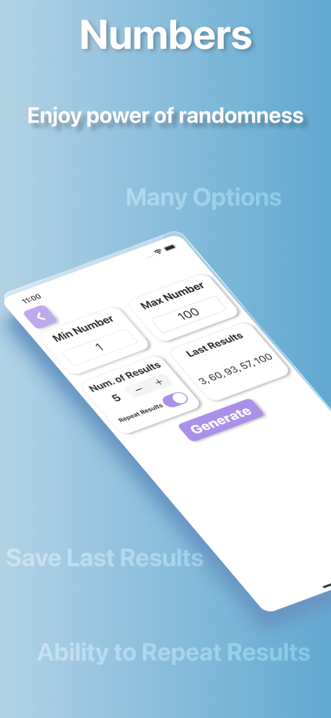 Random Generator App - カスタム可能な最小および最大範囲設定を備えたランダム数値ジェネレーターインターフェイス