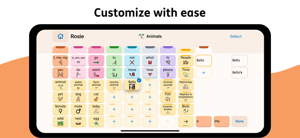 Proloquo - Proloquoアプリのインターフェース。コミュニケーションボタンのカスタマイズ用