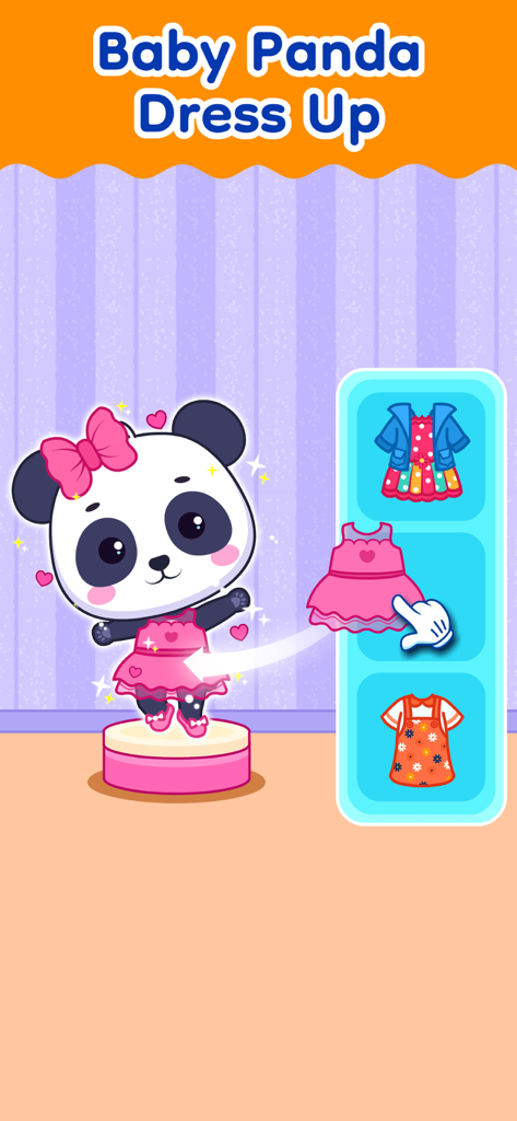 Kids & Toddler Learning Games - A cartoon baby panda being dressed in a pink outfit within a toddler educational game interface.