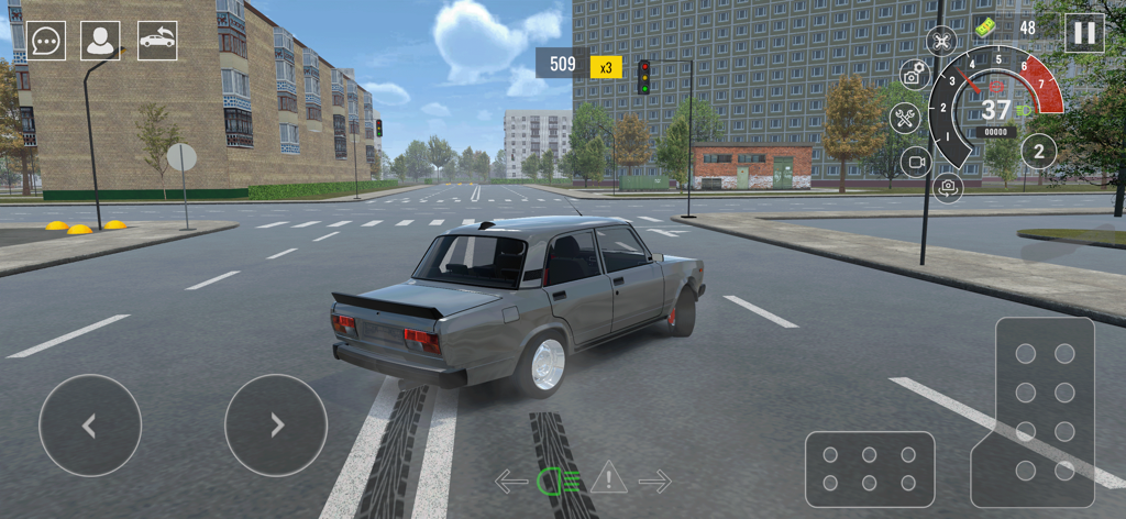Drive World : Drift Car Racing - A grey car performing a drift at a city intersection in Drive World Drift Car Racing.