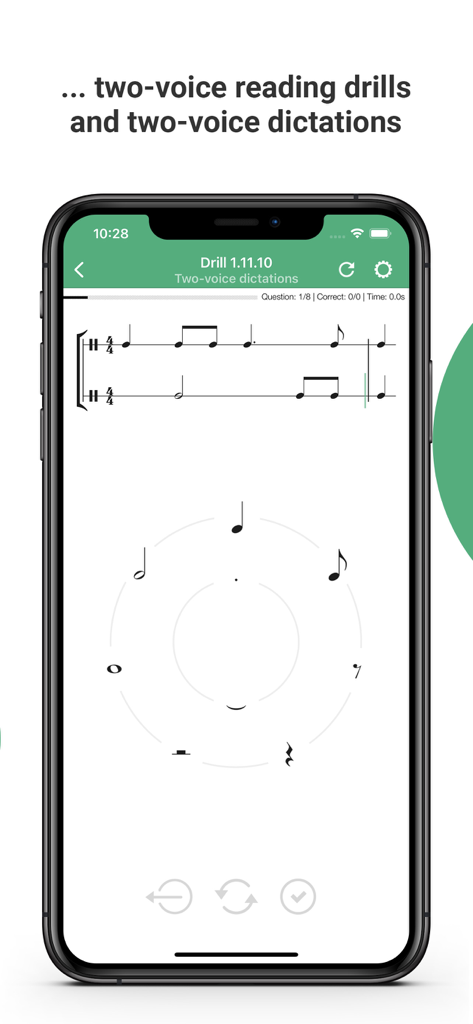 Complete Rhythm Trainer app screen displaying a two-voice rhythm dictation drill on a smartphone