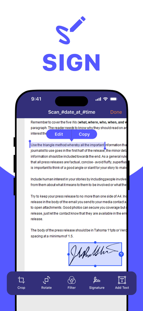 ドキュメントスキャナーアプリのインターフェイスに、PDFドキュメントにデジタル署名が適用されている様子が表示されています