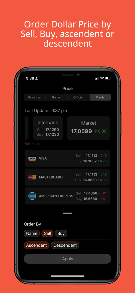 Dollar and Euro in Mexico - Mobile app interface showing options to sort dollar exchange rates by buy and sell prices in ascending or descending order