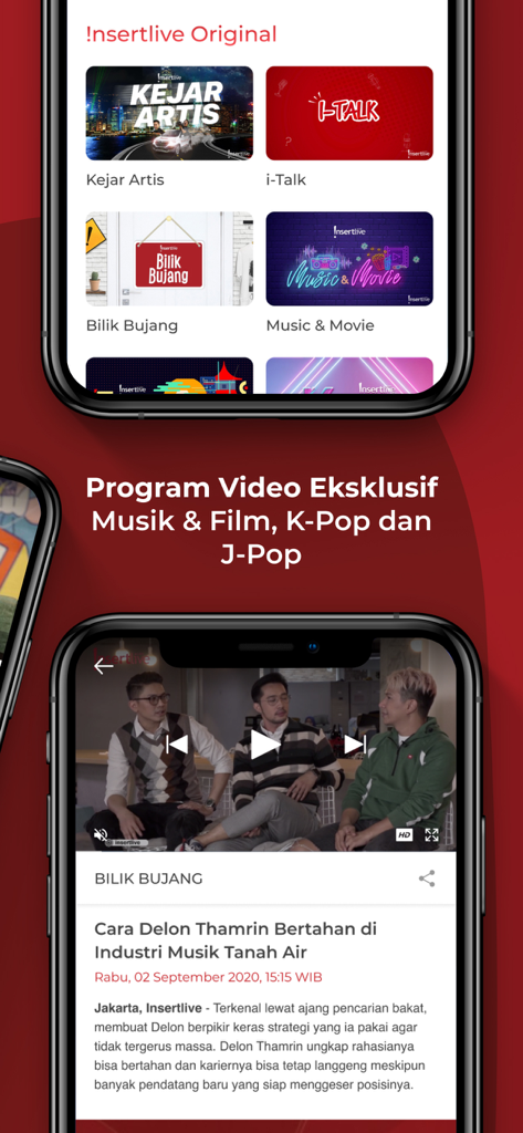 InsertLive app interface showing exclusive entertainment programs and a video player with celebrity news articles.