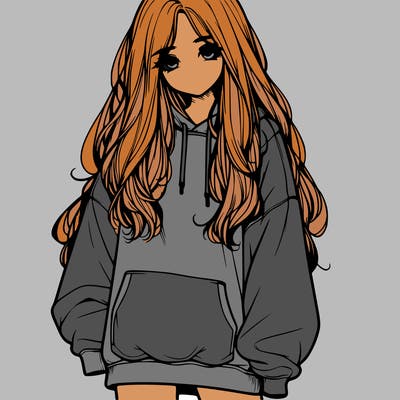 realistic girl with long hair and baggy sweat shirt