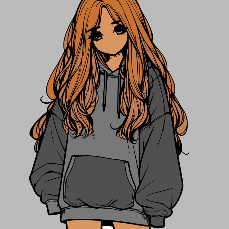 realistic girl with long hair and baggy sweat shirt