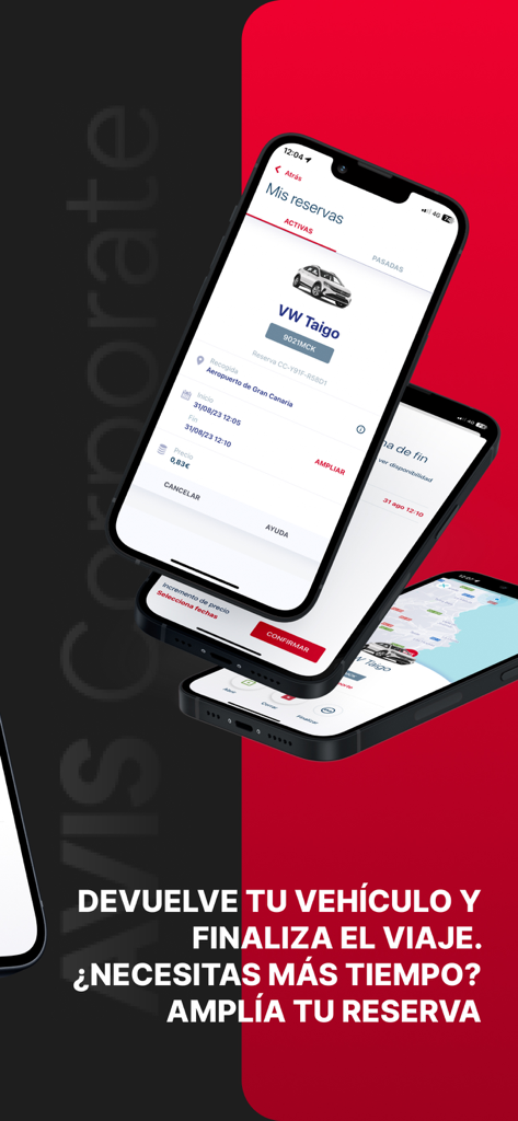 Avis Corporate mobile app screen showing car rental booking details and the option to extend a reservation.