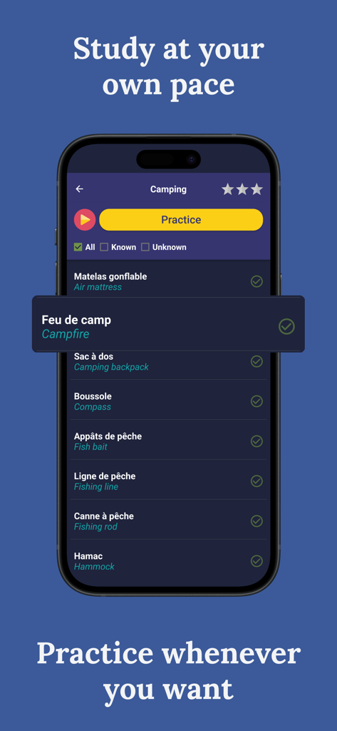 Learn French (Beginners) - Pantalla del móvil mostrando vocabulario de camping en francés y un botón de práctica en la aplicación Aprende Francés.