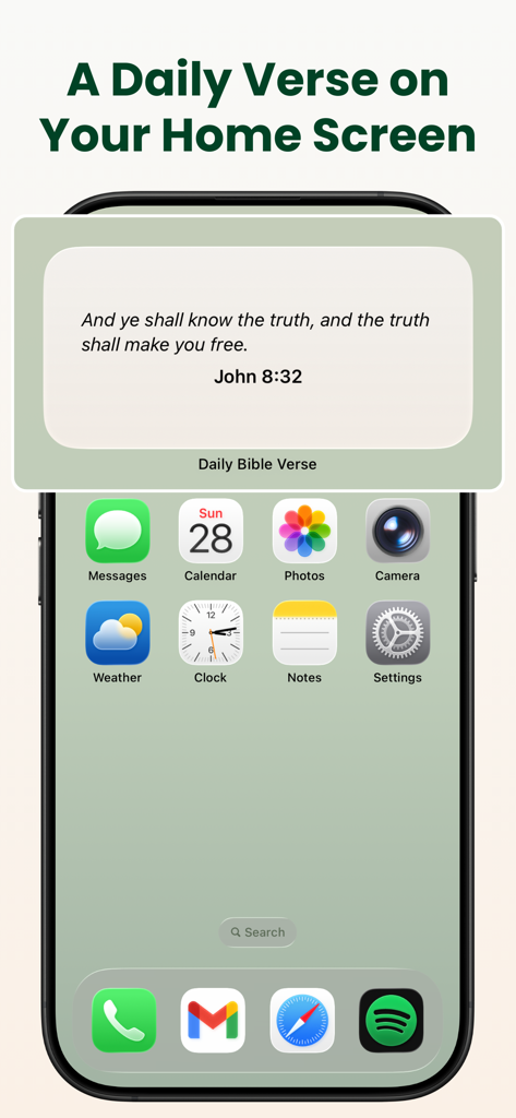 Daily Bible Verse Widget - iPhone home screen with a Daily Bible Verse widget displaying John 8:32
