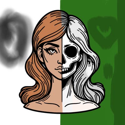 bust of a woman, half face and hair, half skull