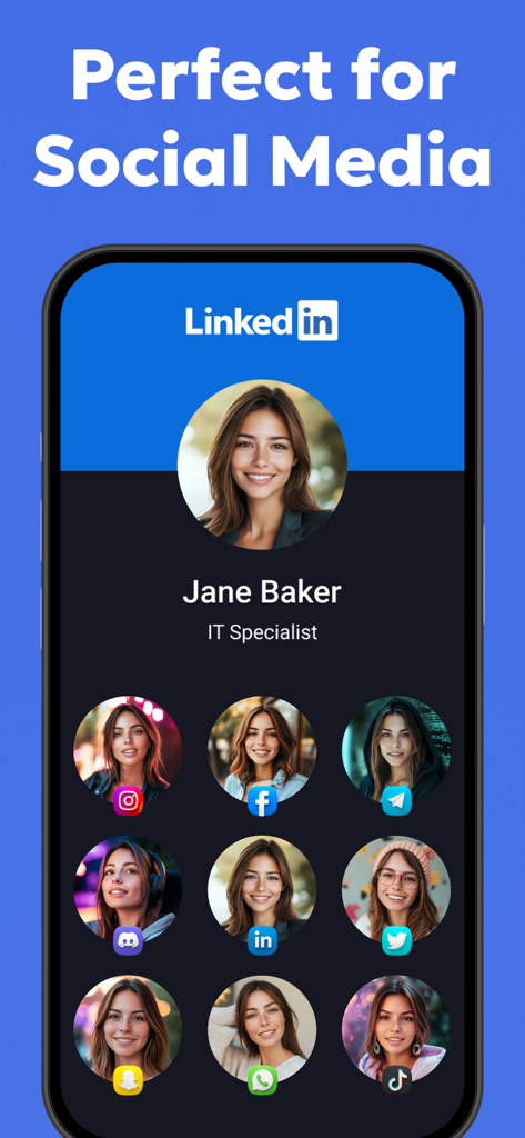 AI generated professional portraits for various social media profiles on a smartphone screen