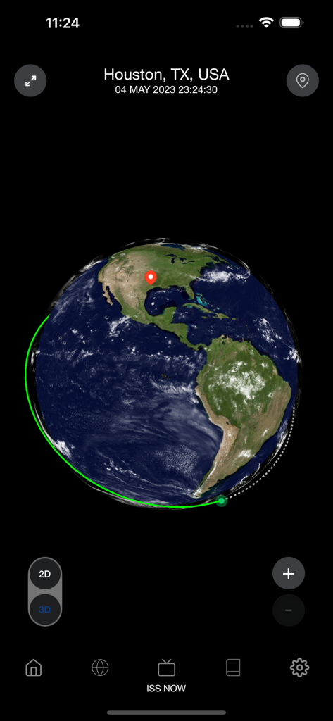 Spot the Station - 3Dグローブ。NASA Spot the Stationアプリで、地球上の国際宇宙ステーションのリアルタイム軌道が表示されています。