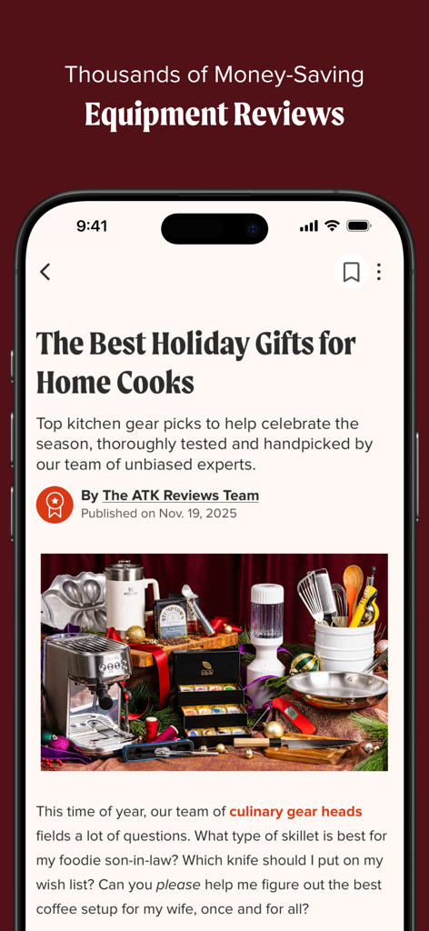 America's Test Kitchen - America's Test Kitchen app screen showing holiday gift recommendations and kitchen equipment reviews.