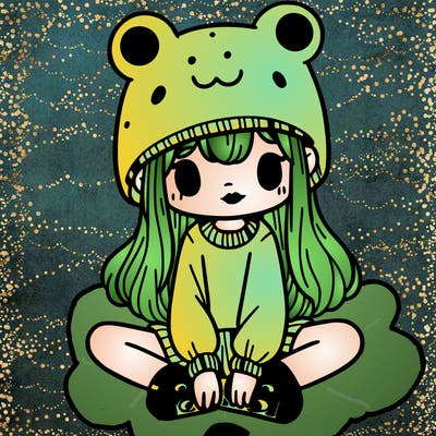a girl wearing a frog hat and some frog socks
