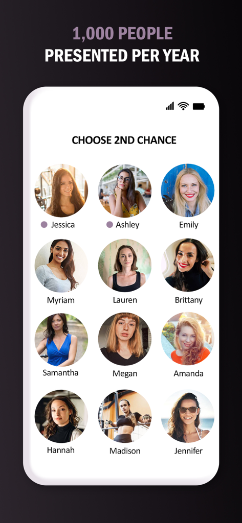 Mobile UI showing a grid of profile pictures for the second chance feature in the Waiter dating app