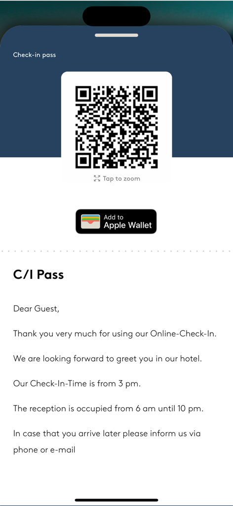 Hotelbird - Hotelbird app digital check-in pass with QR code and Add to Apple Wallet button