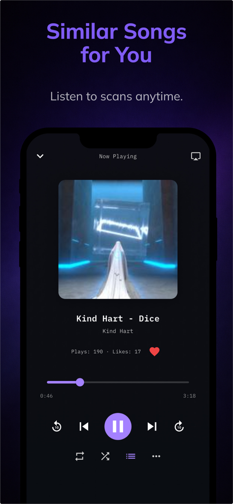 Genre AI: Music Genre ID - The music player interface of the Genre AI app showing track details and playback controls in dark mode
