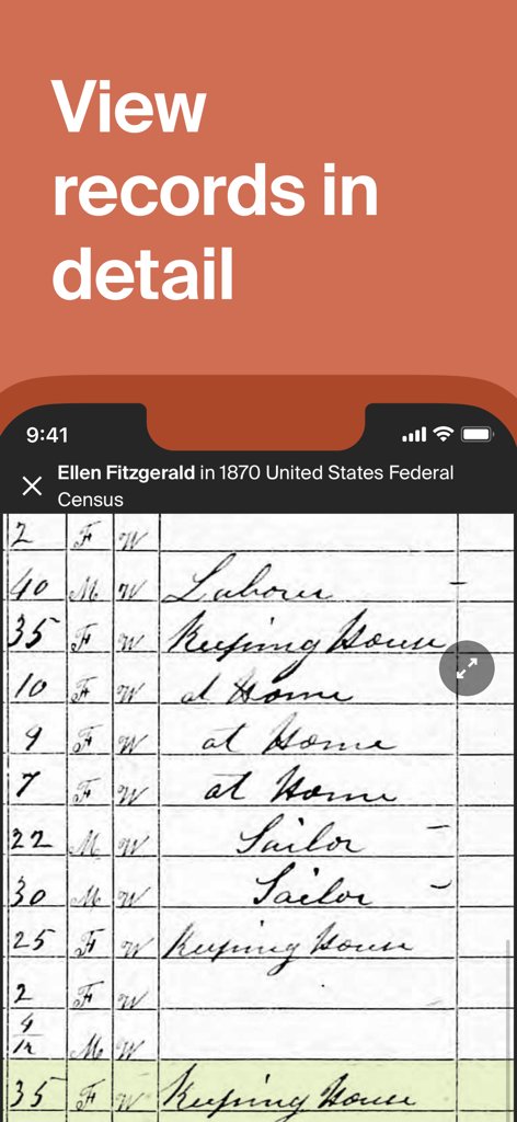Ancestry: Family History & DNA - Detailed view of a handwritten 1870 US census record in the Ancestry app