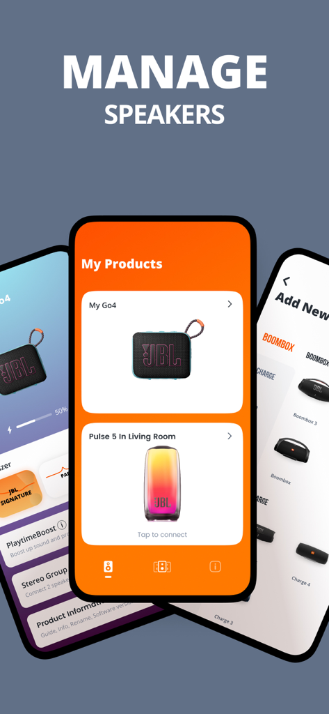 JBL Portable app interface showing managed speakers and product selection