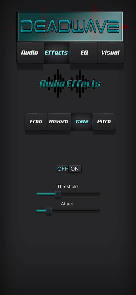DeadWave - DeadWave paranormal app interface showing audio effects noise gate settings with threshold and attack sliders