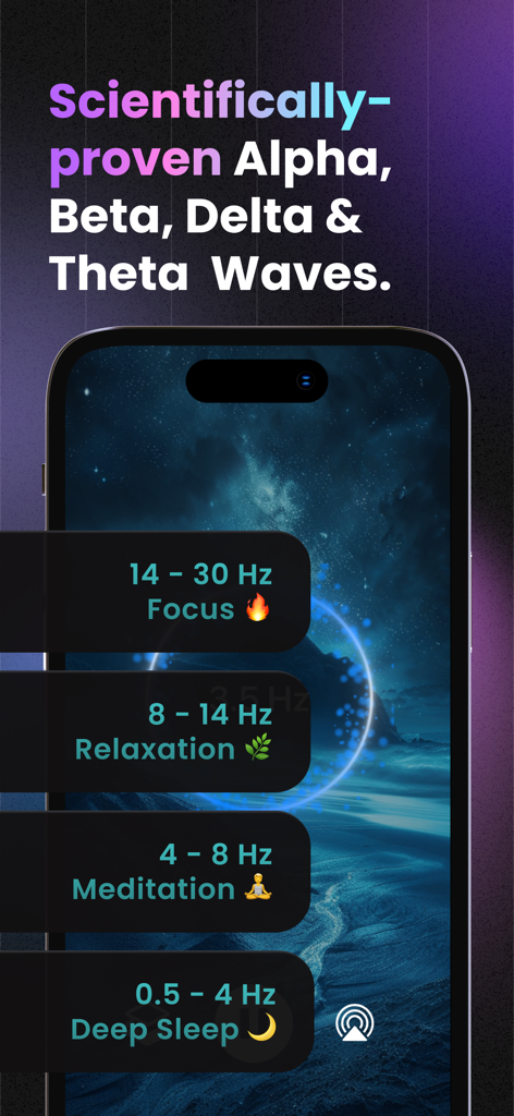 ZenWave · Sounds & BrainWaves - ZenWave app interface showing different brainwave frequency ranges for focus relaxation meditation and deep sleep