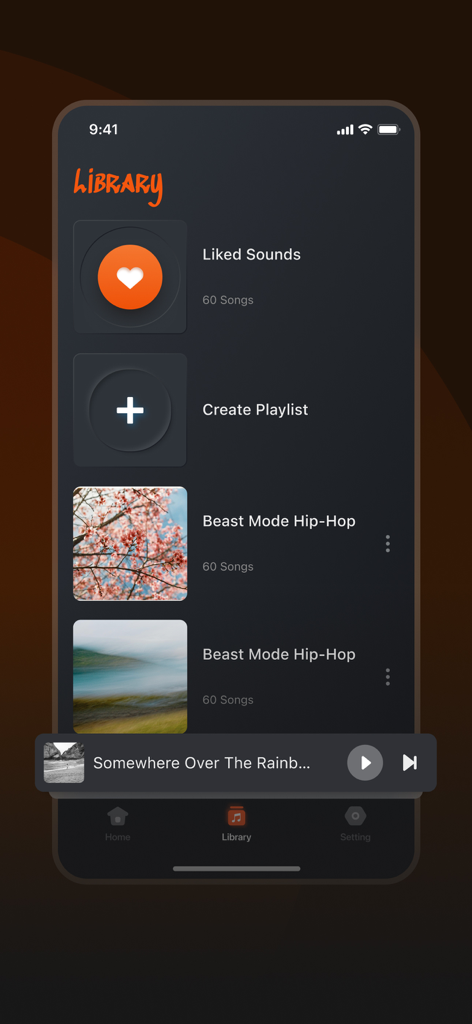 Musivibe app library screen showing liked sounds and personalized playlists