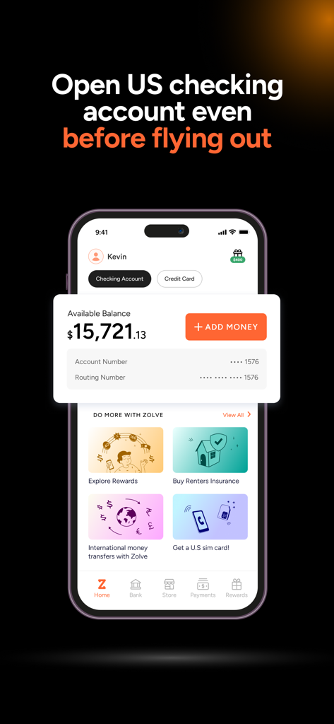 Zolve - Global Banking - Zolve mobile app dashboard showing a US checking account balance and global financial services