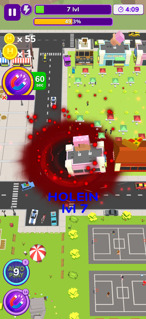 Holein. hole io blackhole game - Gameplay screenshot of Holein showing a large red black hole swallowing a building in a 3D city environment.
