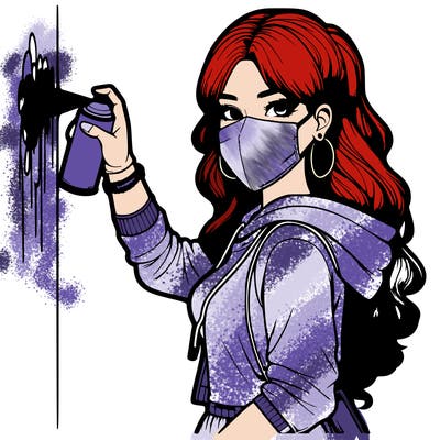 realistic girl with mask spray painting a wall