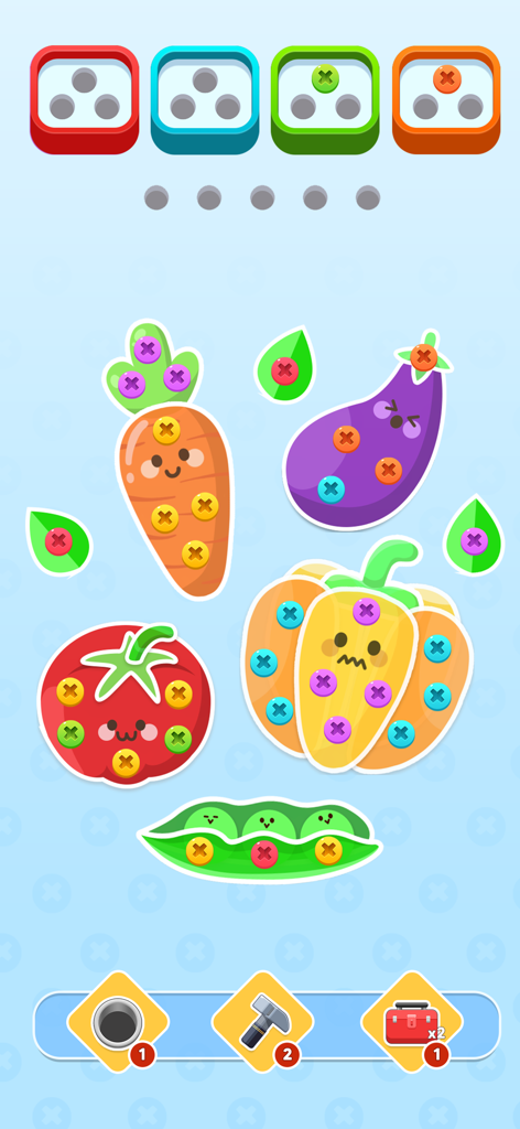 Capture d'écran du jeu mobile Screw It Out! montrant des vis colorées sur des personnages de légumes de dessin animé comme une carotte et une tomate.