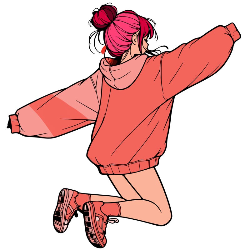 realistic girl jumping with a bun and oversized sweatshirt